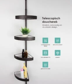 PROSIN® Telescopisch Doucherek - Shower Rack - Shower Caddy - Mat Zwart - Verstelbaar 108-274cm - 4 Lagen - Badkamerrek - Hoekrek - Opbergrek - Keukenrek - Kruidenrek - Keukenrek Staand