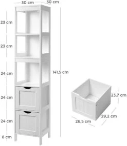 Hoge Badkamer Kast Met 2 Laden En 3 Open Vakken - 30 X 30 X 143,5 Cm - Wit -Badkamer Wijs 1039x1200 4
