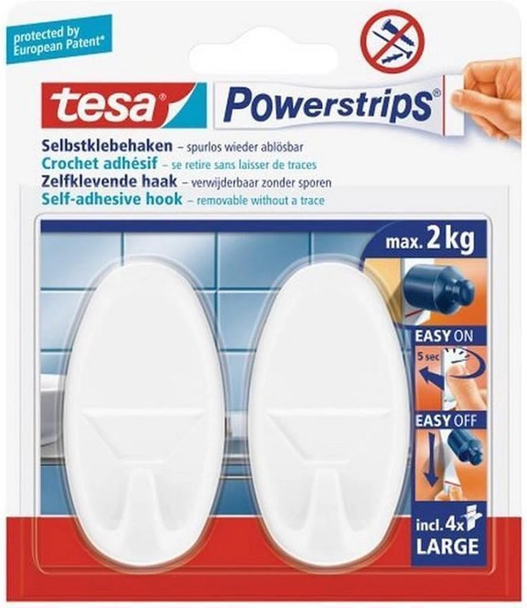 Tesa Powerstrips Haken Large - Wit - 2 Stuks 3 Tesa Powerstrips Haken Large - Wit - 2 Stuks