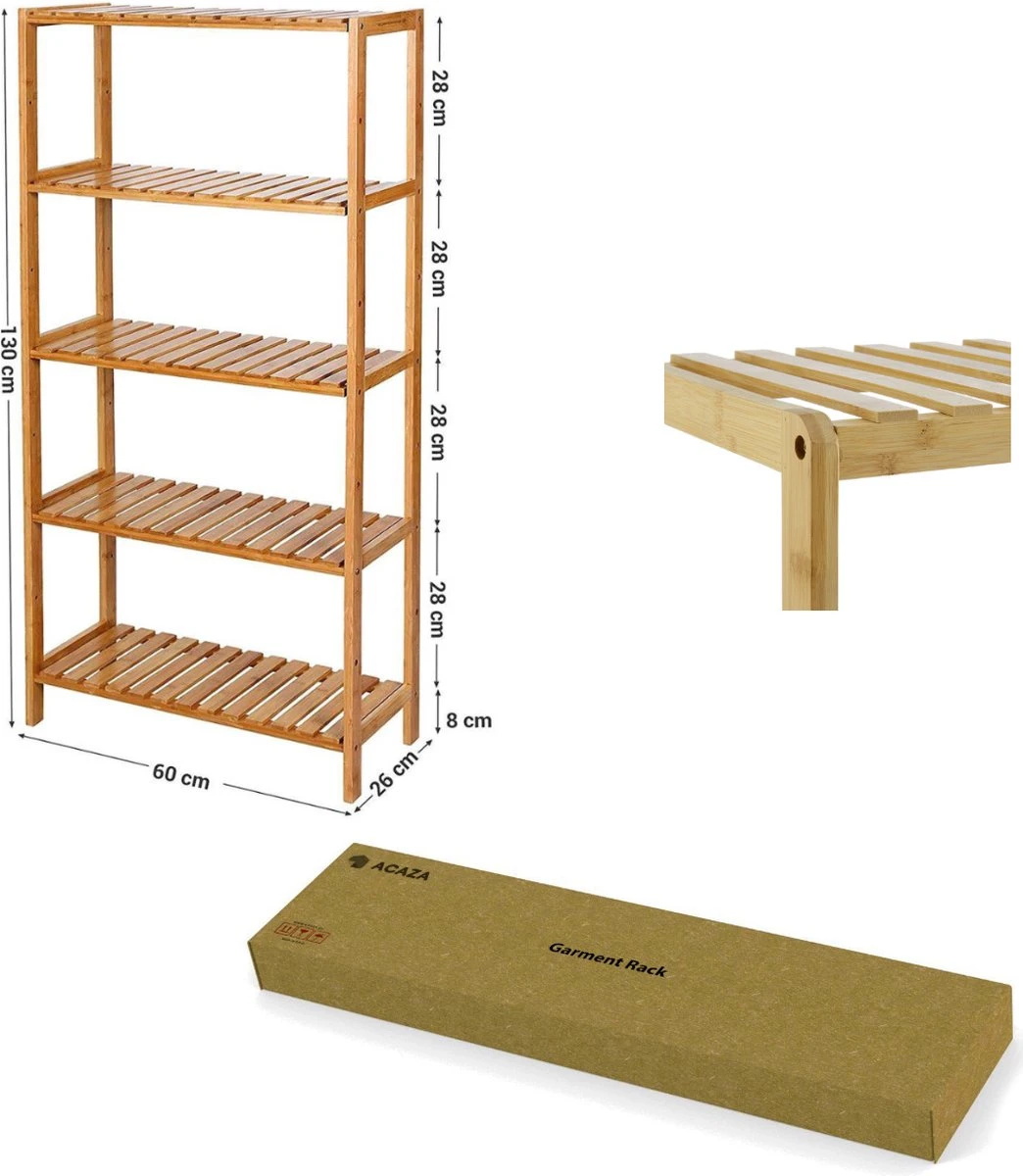 Badkamer Rek Met 5 Etages - Opbergrek Met Verstelbare Planken - 130 Cm Hoog En 60 Cm Breed - Bamboe 5 Badkamer Rek Met 5 Etages - Opbergrek Met Verstelbare Planken - 130 Cm Hoog En 60 Cm Breed - Bamboe - Afbeelding 3