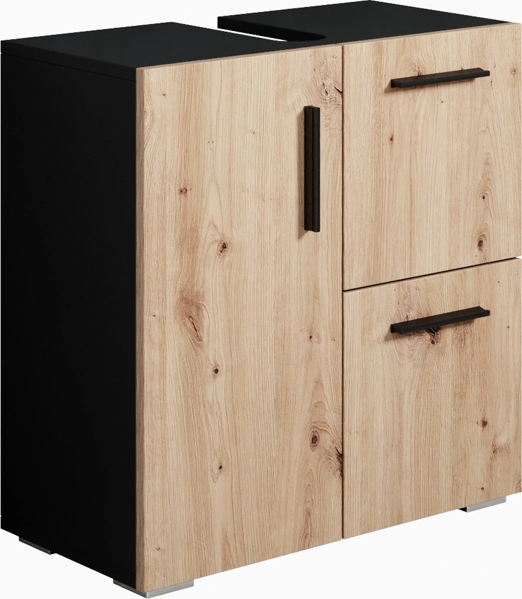 Badplaats Wastafel Onderkast Mars 60 Cm X 30 Cm X 60 Cm - Zwart Met Eiken - Badkamerkast – Staand Wastafelmeubel 3 Badplaats Wastafel Onderkast Mars 60 Cm X 30 Cm X 60 Cm - Zwart Met Eiken - Badkamerkast – Staand Wastafelmeubel
