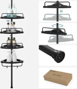 Verstelbaar Doucherek - 85-305 Cm - Van Vloer Tot Plafond - Met 4 Vakken - 3 Haken - Zwart -Badkamer Wijs 1049x1200