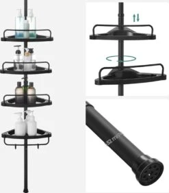 Verstelbaar Doucherek - 85-305 Cm - Van Vloer Tot Plafond - Met 4 Vakken - 3 Haken - Zwart -Badkamer Wijs 1050x1200 2