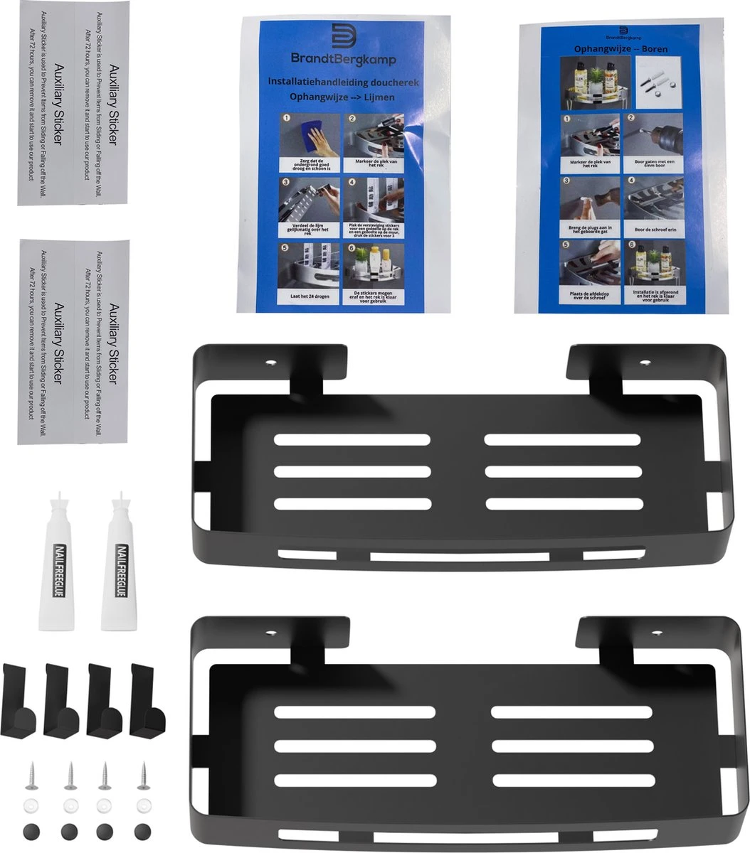 BrandtBergkamp RVS Doucherek 2 Laags – Zonder Boren – Doucherekje Hangend – Badkamerrek Zwart 7 BrandtBergkamp RVS Doucherek 2 Laags – Zonder Boren – Doucherekje Hangend – Badkamerrek Zwart - Afbeelding 5