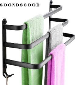 Merkloos Soondsgood Luxe 3 Laags Handdoekrek - Zelfklevend Of Boren - Zwart - Eenvoudige Installatie - Badkamer - Handdoekenrek - Handdoekhouder - 50x14x25cm