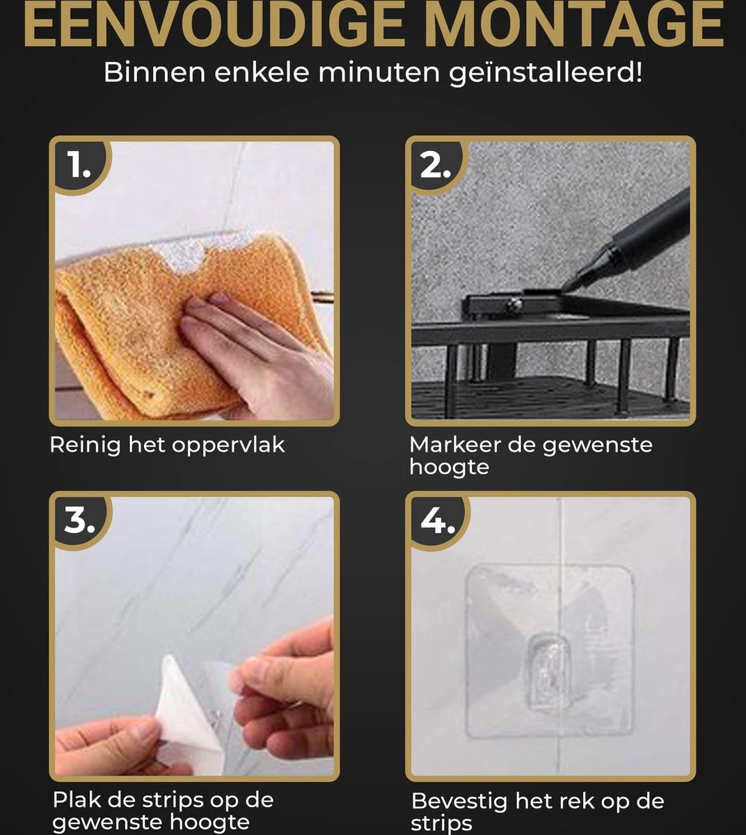 HGMD® Doucherek Zonder Boren - 1 Stuk - Zwart - Zelfklevend Doucherek –Badkamerrek - Badrek - Keukenrek - Doucherek Hangend – Badkamer Accessoires - Kruidenrek 4 HGMD® Doucherek Zonder Boren - 1 Stuk - Zwart - Zelfklevend Doucherek –Badkamerrek - Badrek - Keukenrek - Doucherek Hangend – Badkamer Accessoires - Kruidenrek - Afbeelding 2