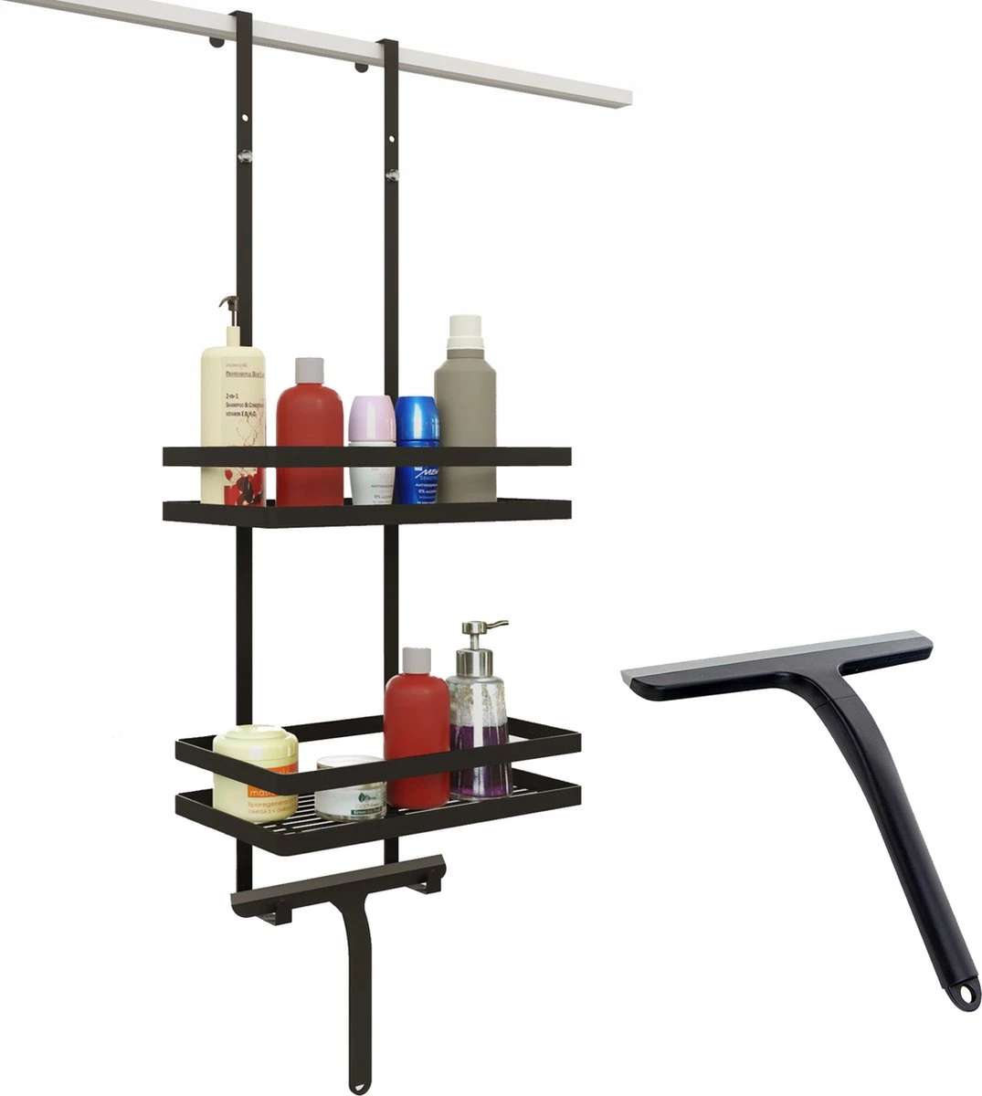 Doucherek Zonder Boren Inclusief Douchewisser - Aan Douchewand - Zwart - Ophangbaar - Zuignap - 2 Laags - Wiper - Shower Rack - Valentijnsdag Cadeau 3 Doucherek Zonder Boren Inclusief Douchewisser - Aan Douchewand - Zwart - Ophangbaar - Zuignap - 2 Laags - Wiper - Shower Rack - Valentijnsdag Cadeau