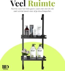 MD Creations ® – Doucherek Zonder Boren - Hangend Met Zuignappen Aan Douchewand – Douchebakje - Doucherek Haak - RVS - 74 X 25 X 10 Cm -Badkamer Wijs 1088x1200