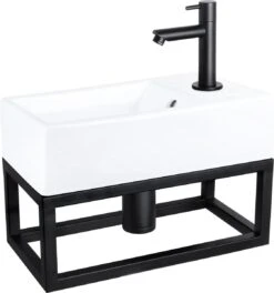 Differnz Force Fonteinset - Wasbak Keramiek - Wit - Rechte Kraan - Mat Zwart - Standaard Greep - 40 X 22 X 11.5 Cm - Met Handdoekrek - Zwart