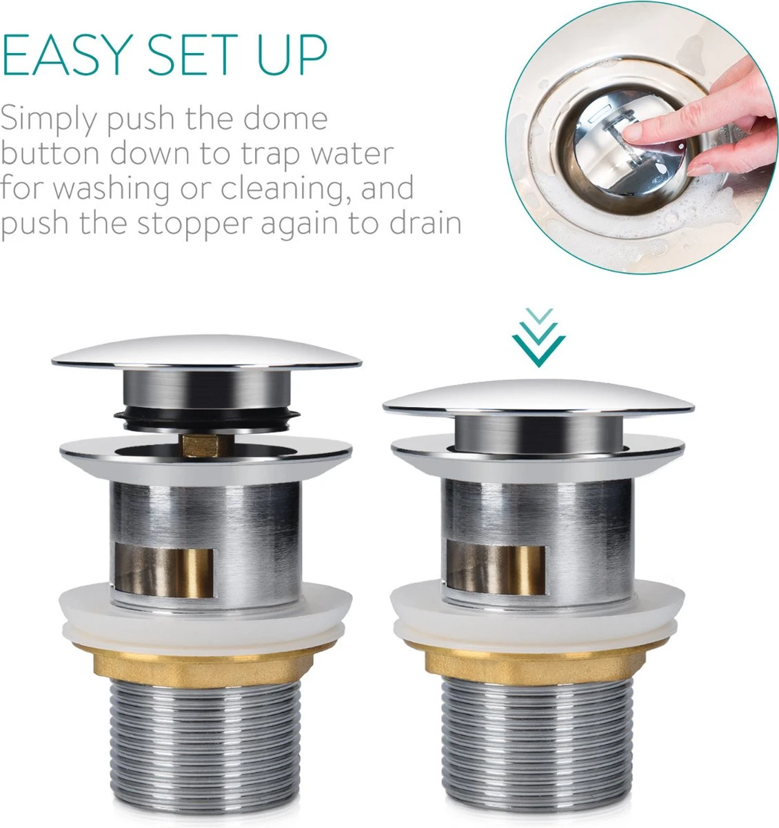 Navaris Pop-up Gootsteen Plugstop - Kliksysteem En Past Op Alle Standaardmaat Wasbakken - Voorkomt Haar En Afval In De Afvoer - Chroom 38 Mm 7 Navaris Pop-up Gootsteen Plugstop - Kliksysteem En Past Op Alle Standaardmaat Wasbakken - Voorkomt Haar En Afval In De Afvoer - Chroom 38 Mm - Afbeelding 5