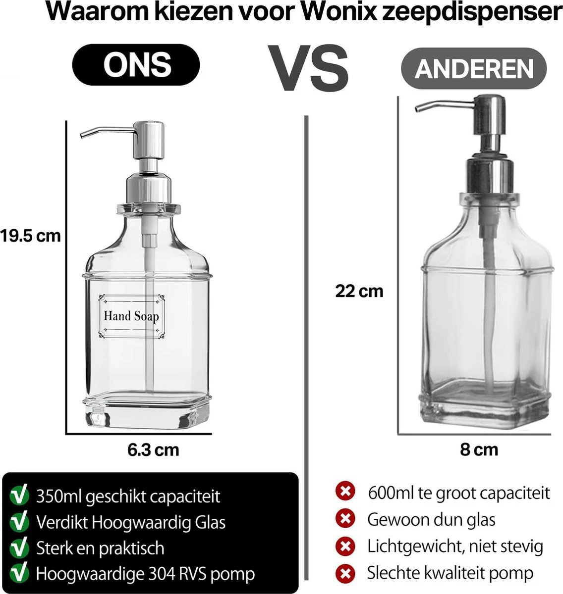 Wonix® - Zeepdispenser - Zeeppompje - Transparant Glas - RVS Pompkop - Met Stickers - 350ml - 2 Stuks 9 Wonix® - Zeepdispenser - Zeeppompje - Transparant Glas - RVS Pompkop - Met Stickers - 350ml - 2 Stuks - Afbeelding 7