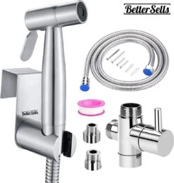 BetterSells® Bidet Handdoucheset - Shattaf - Bidet Sproeier Uit Geborsteld RVS - Inclusief Slang, T-stuk & Wandhouder