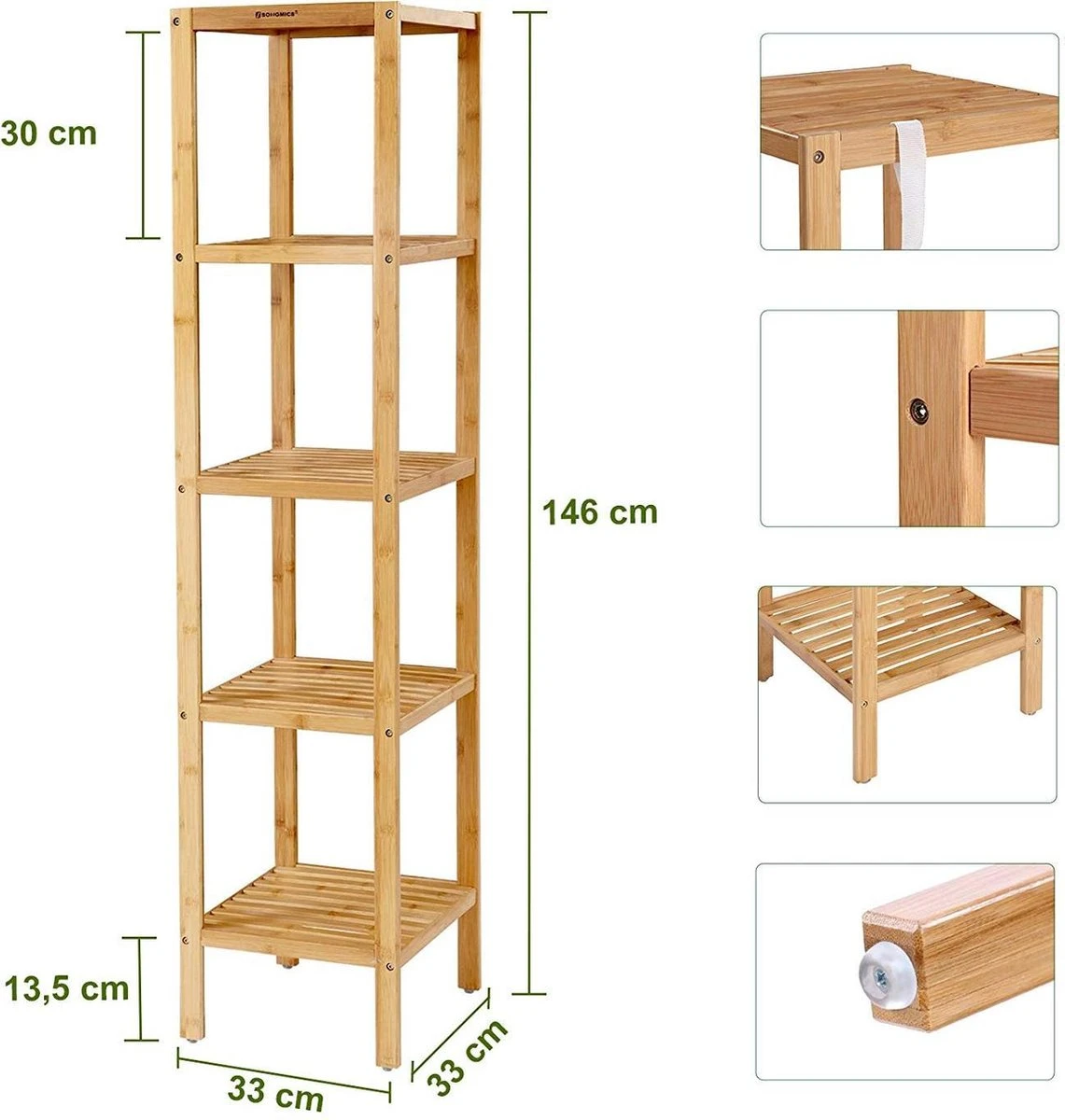 Songmics Bamboe Opbergrek - Smal - 5 Planken - Naturel 4 Songmics Bamboe Opbergrek - Smal - 5 Planken - Naturel - Afbeelding 2