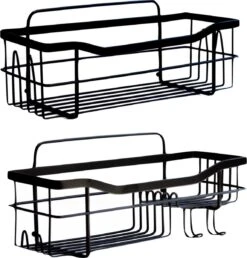 STRICX Doucherek 2 Laags Zwart - Zelfklevend Doucherek Inclusief 3 Ophanghaakjes - Doucherek Voor Badkamer / Keuken - Doucherek Met Plakstrip - Keukenrek Met Plakstrip - Badrek Douche - Kruidenrek Specerijen - Badkamerrek Douchemandje -Badkamer Wijs 1150x1200