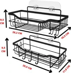 STRICX Doucherek 2 Laags Zwart - Zelfklevend Doucherek Inclusief 3 Ophanghaakjes - Doucherek Voor Badkamer / Keuken - Doucherek Met Plakstrip - Keukenrek Met Plakstrip - Badrek Douche - Kruidenrek Specerijen - Badkamerrek Douchemandje -Badkamer Wijs 1157x1200 2