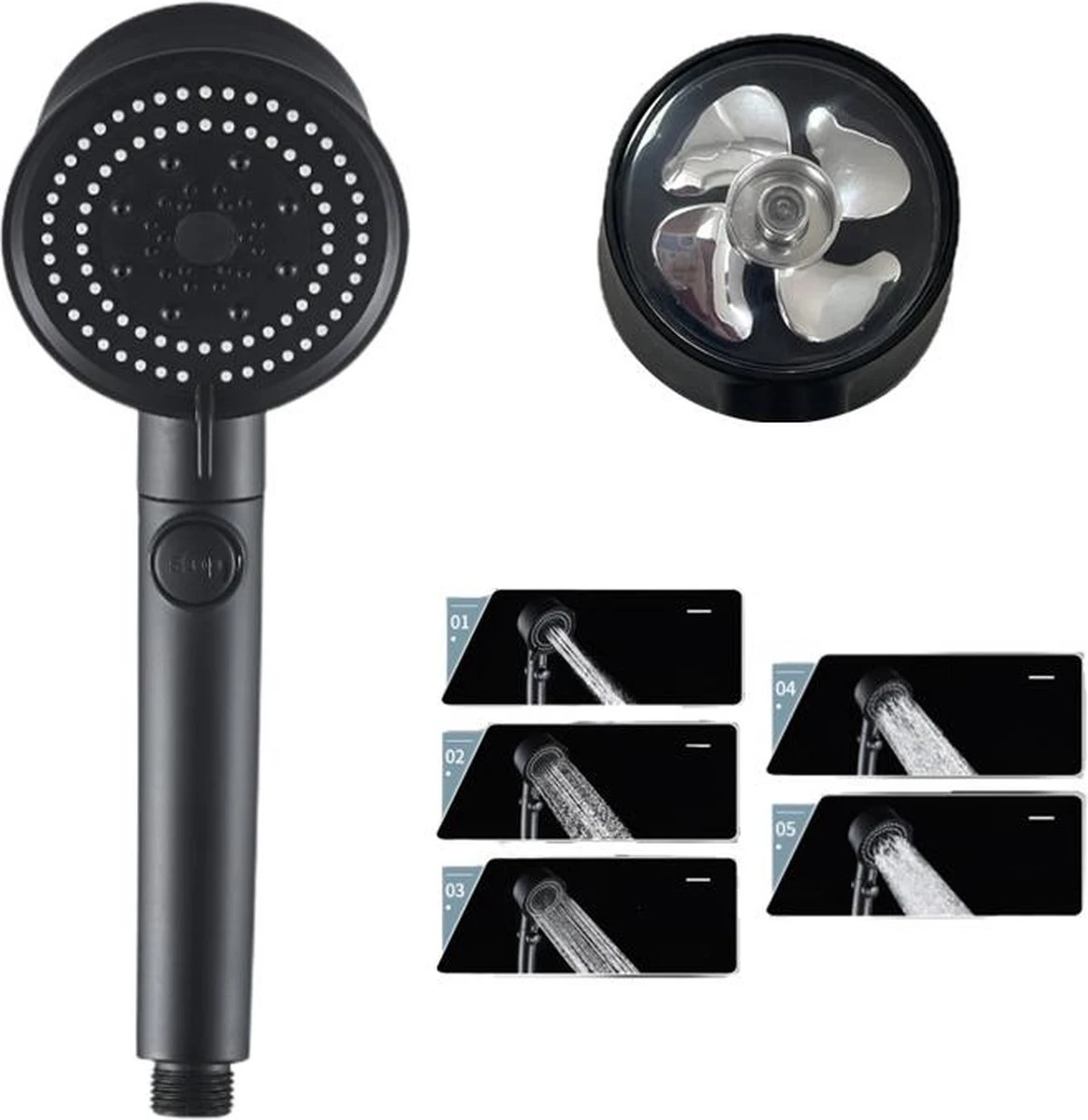 Waterbesparende Douchekop - Hoofddouche - Regendouche - Met ECO STOP Knop - 5 Standen - ABS - Zwart 3 Waterbesparende Douchekop - Hoofddouche - Regendouche - Met ECO STOP Knop - 5 Standen - ABS - Zwart