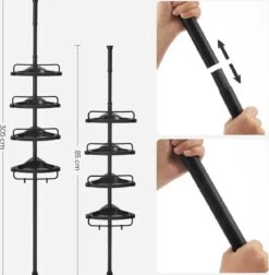 Verstelbaar Doucherek - 85-305 Cm - Van Vloer Tot Plafond - Met 4 Vakken - 3 Haken - Zwart -Badkamer Wijs 1176x1200 2