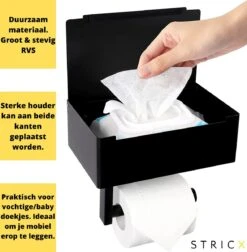 STRICX Toiletrolhouder - Zwart - Zonder Boren - Toilet Rol Houder Tissuebox - Zelfklevend - WC Rolhouder Met Opbergvak Voor Babydoekjes - Met Plankje - Toiletaccessoires -Badkamer Wijs 1178x1200 8