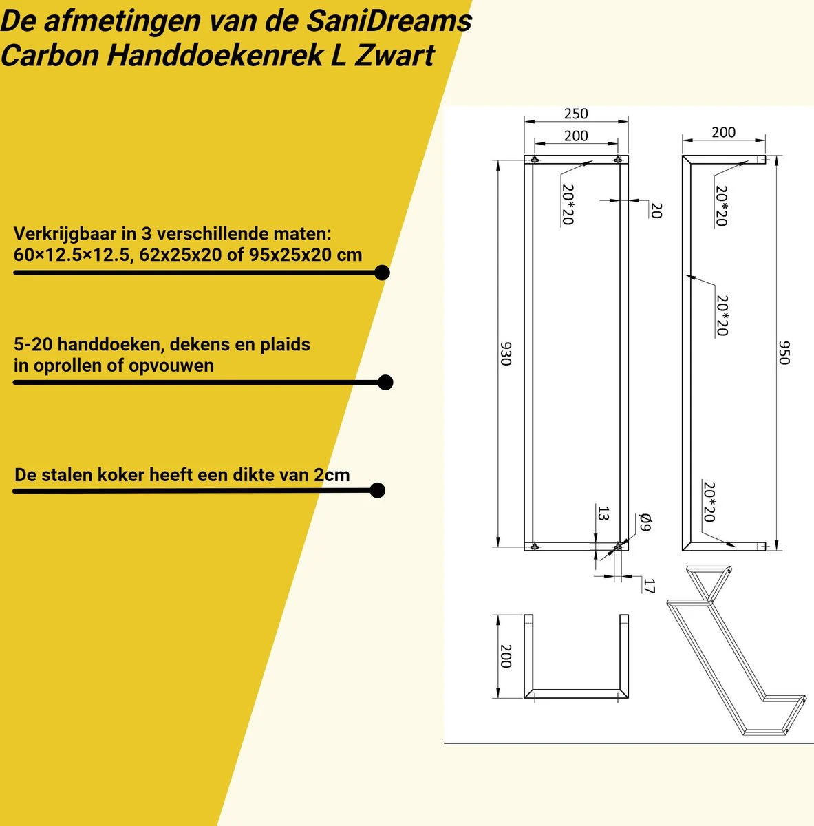SaniDreams Carbon Handdoekenrek L Zwart - Staal - 90x25x20cm 10 SaniDreams Carbon Handdoekenrek L Zwart - Staal - 90x25x20cm - Afbeelding 8