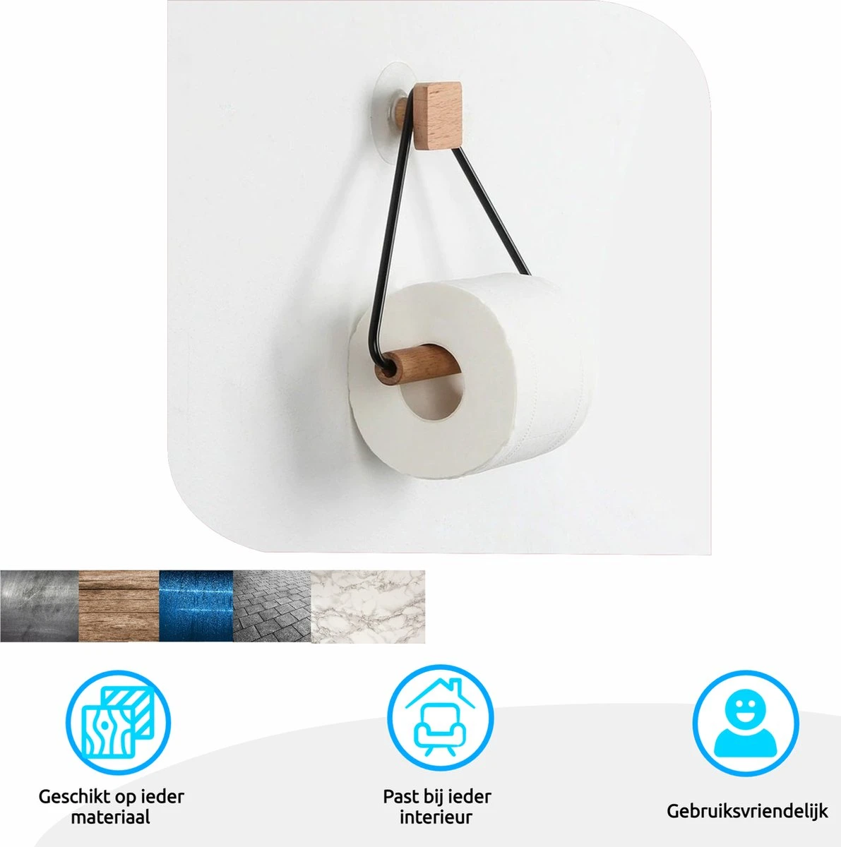 Toiletrolhouder Zonder Boren- Wc Rolhouder - Zuignap - Zelfklevend - Hout 6 Toiletrolhouder Zonder Boren- Wc Rolhouder - Zuignap - Zelfklevend - Hout - Afbeelding 4