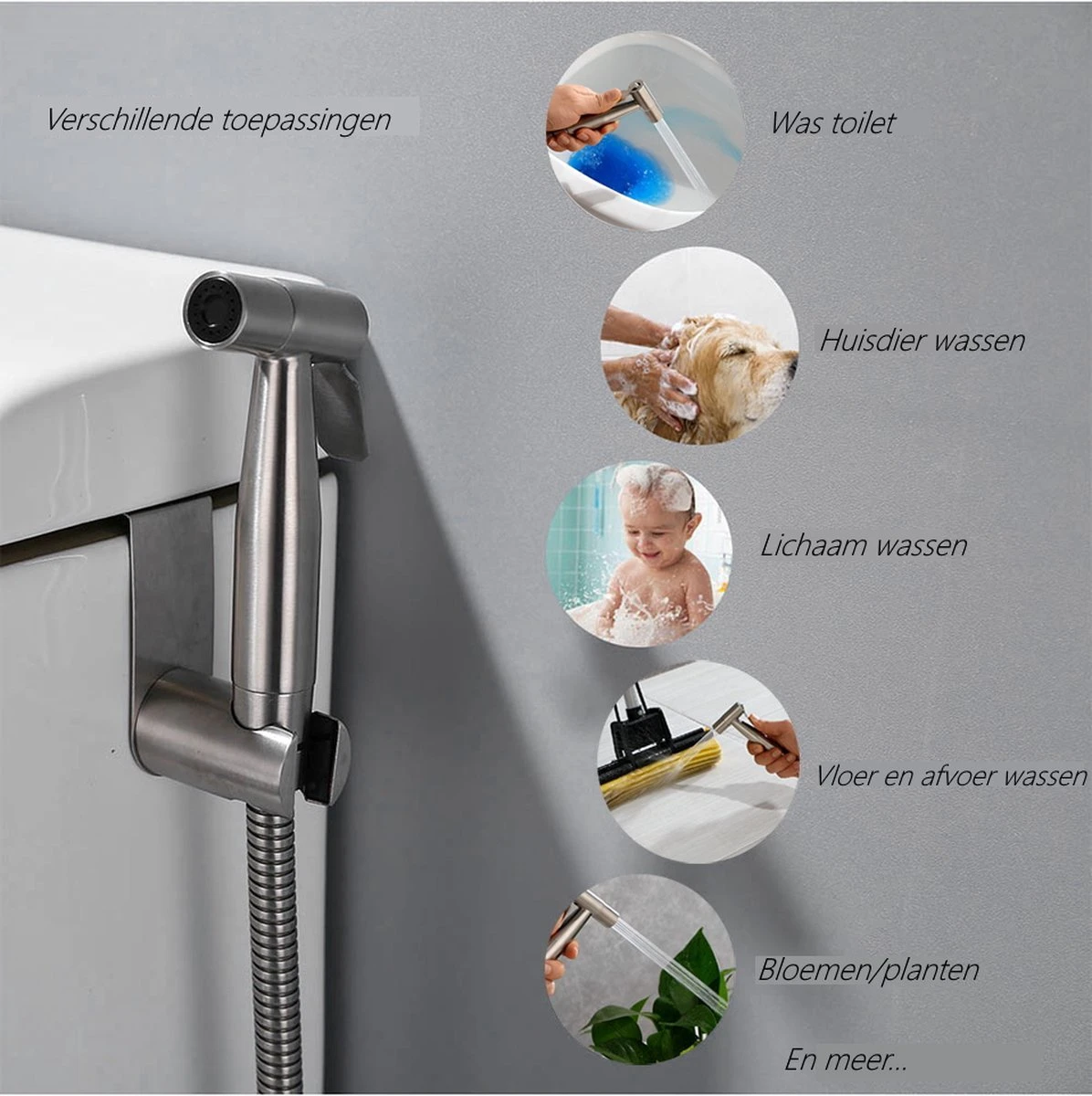 Merkloos Bidet Handdoucheset Uit Geborsteld RVS - Shattaf - Met Slang, T-stuk & Wandhouder 5 Merkloos Bidet Handdoucheset Uit Geborsteld RVS - Shattaf - Met Slang, T-stuk & Wandhouder - Afbeelding 3