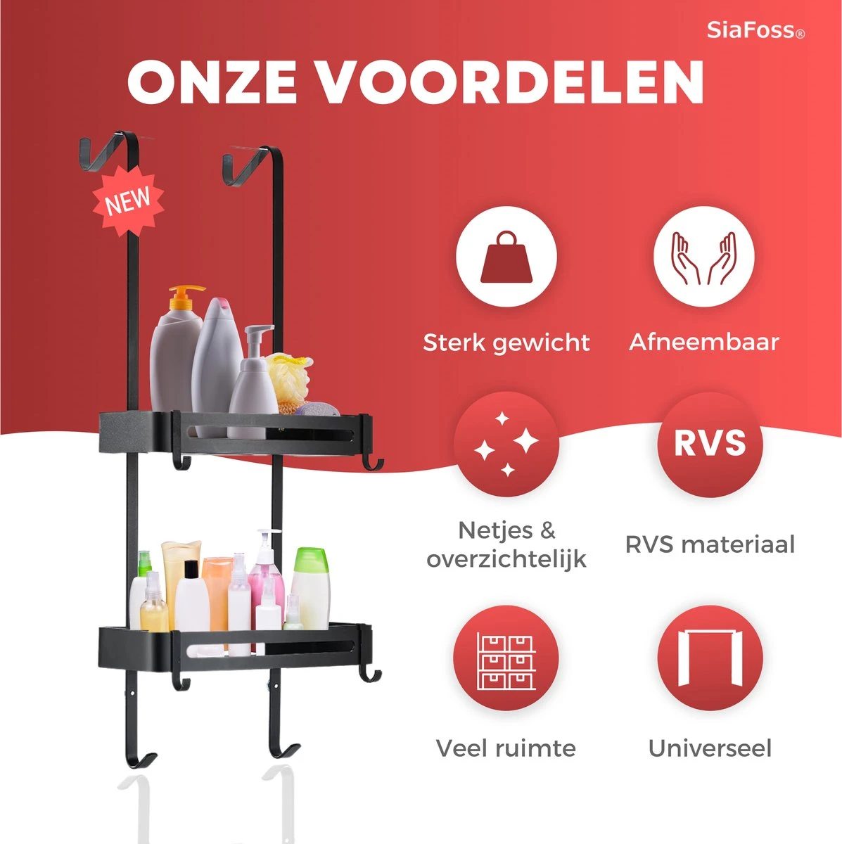 SIAFOSS Doucherek Zonder Boren Doucherek Hangend - 100% Stevig - 100% RVS - Hangend Badkamerrekje - Doucherek Aan Douchewand - Badkamer Accessoires - RVS Zwart - 2 Laags - Douchemand 4 SIAFOSS Doucherek Zonder Boren Doucherek Hangend - 100% Stevig - 100% RVS - Hangend Badkamerrekje - Doucherek Aan Douchewand - Badkamer Accessoires - RVS Zwart - 2 Laags - Douchemand - Afbeelding 2