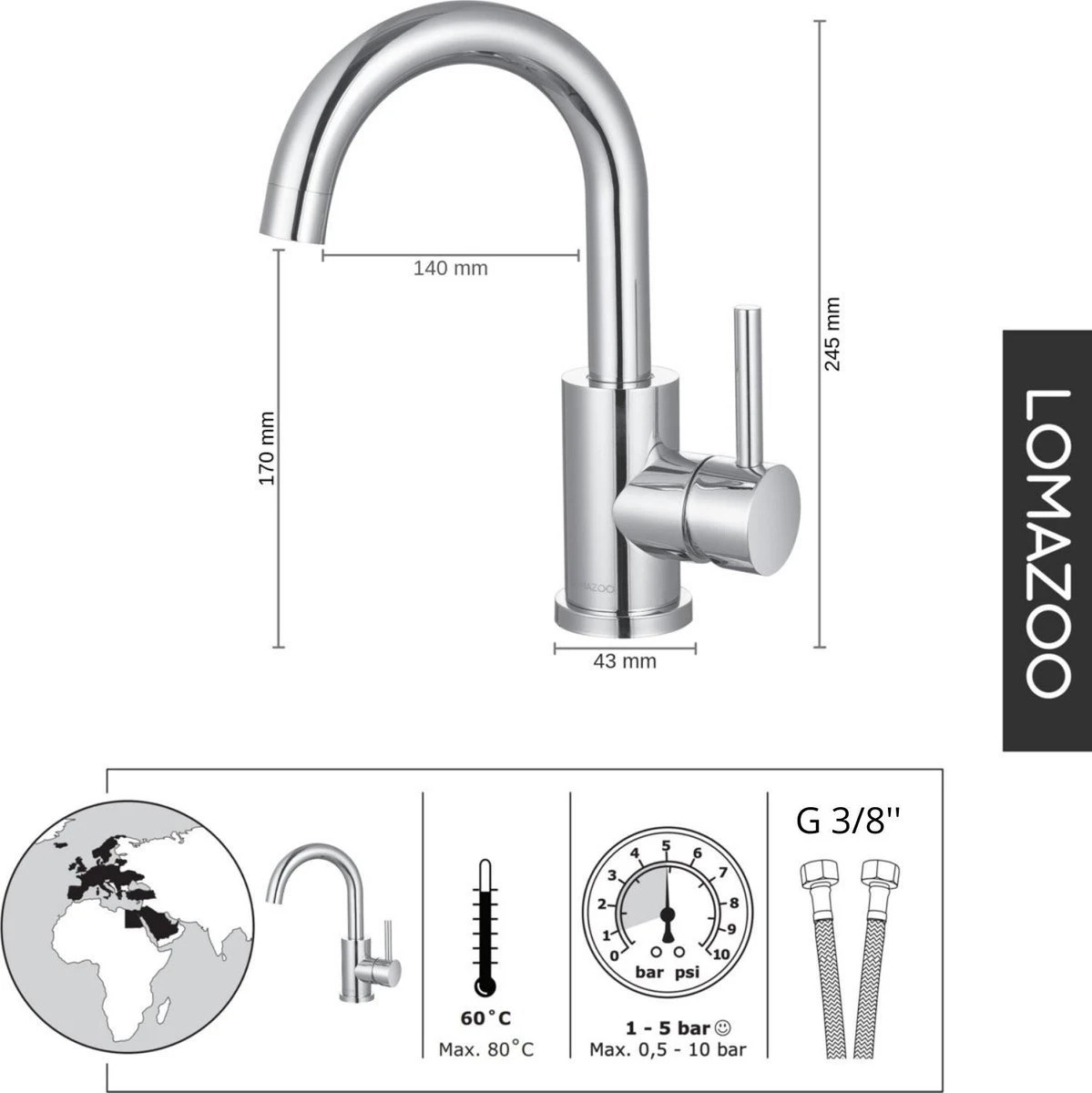 LOMAZOO Wastafelkraan Cupid - Chroom 4 LOMAZOO Wastafelkraan Cupid - Chroom - Afbeelding 2
