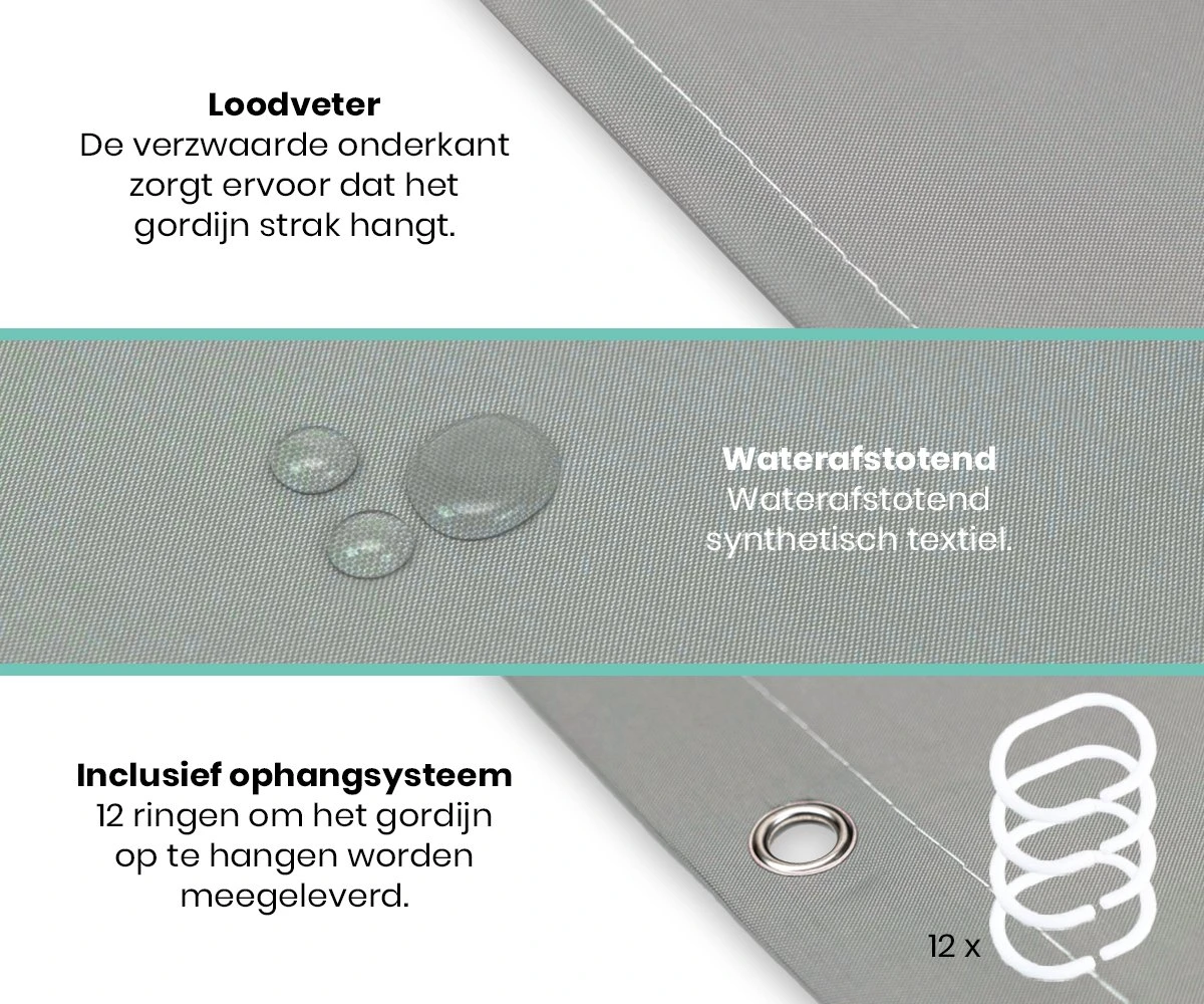 Loti Living Douchegordijn Anti Schimmel – Grijs - Inclusief Ringen – Waterdicht - Polyester - Douchegordijn 180x200 Cm 4 Loti Living Douchegordijn Anti Schimmel – Grijs - Inclusief Ringen – Waterdicht - Polyester - Douchegordijn 180x200 Cm - Afbeelding 2