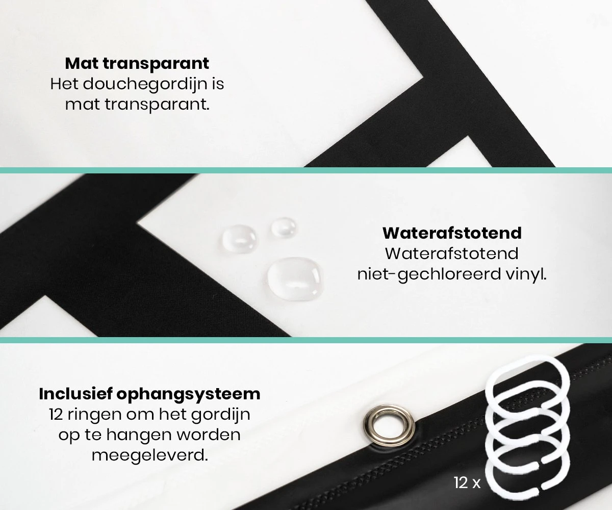 Loti Living Douchegordijn Anti Schimmel – Mat Transparant Zwart - Inclusief Ringen – Waterdicht - PEVA - Douchegordijn 120x200 Cm 4 Loti Living Douchegordijn Anti Schimmel – Mat Transparant Zwart - Inclusief Ringen – Waterdicht - PEVA - Douchegordijn 120x200 Cm - Afbeelding 2