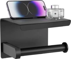 Strex WC Rolhouder Met Plankje - Zwart - Zelfklevend / Boren / Zonder Boren - Toiletrolhouder - WC Papier Houder