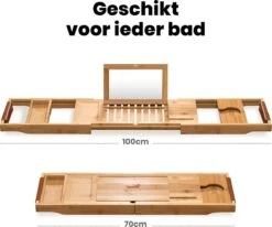 RelaxTub® Badplank - Badplank Voor In Bad - Badrek - Verstelbaar - Anti Slip - Badplank Bamboe - Badplank Hout - Badrekje Inclusief Boekenhouder, Tablethouder & Spiegel -Badkamer Wijs 1200x1002 3