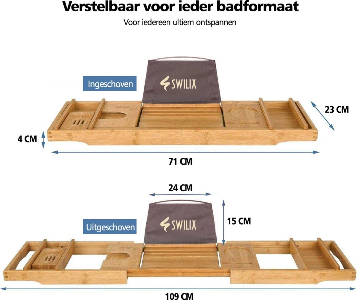 SWILIX ® Badplank - Uitschuifbaar - Voor In Bad - 71 Tot 108 Cm - Met Houder - Hout 6 SWILIX ® Badplank - Uitschuifbaar - Voor In Bad - 71 Tot 108 Cm - Met Houder - Hout - Afbeelding 4