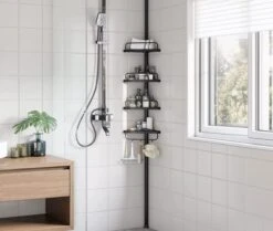 Verstelbaar Doucherek - 85-305 Cm - Van Vloer Tot Plafond - Met 4 Vakken - 3 Haken - Zwart -Badkamer Wijs 1200x1017