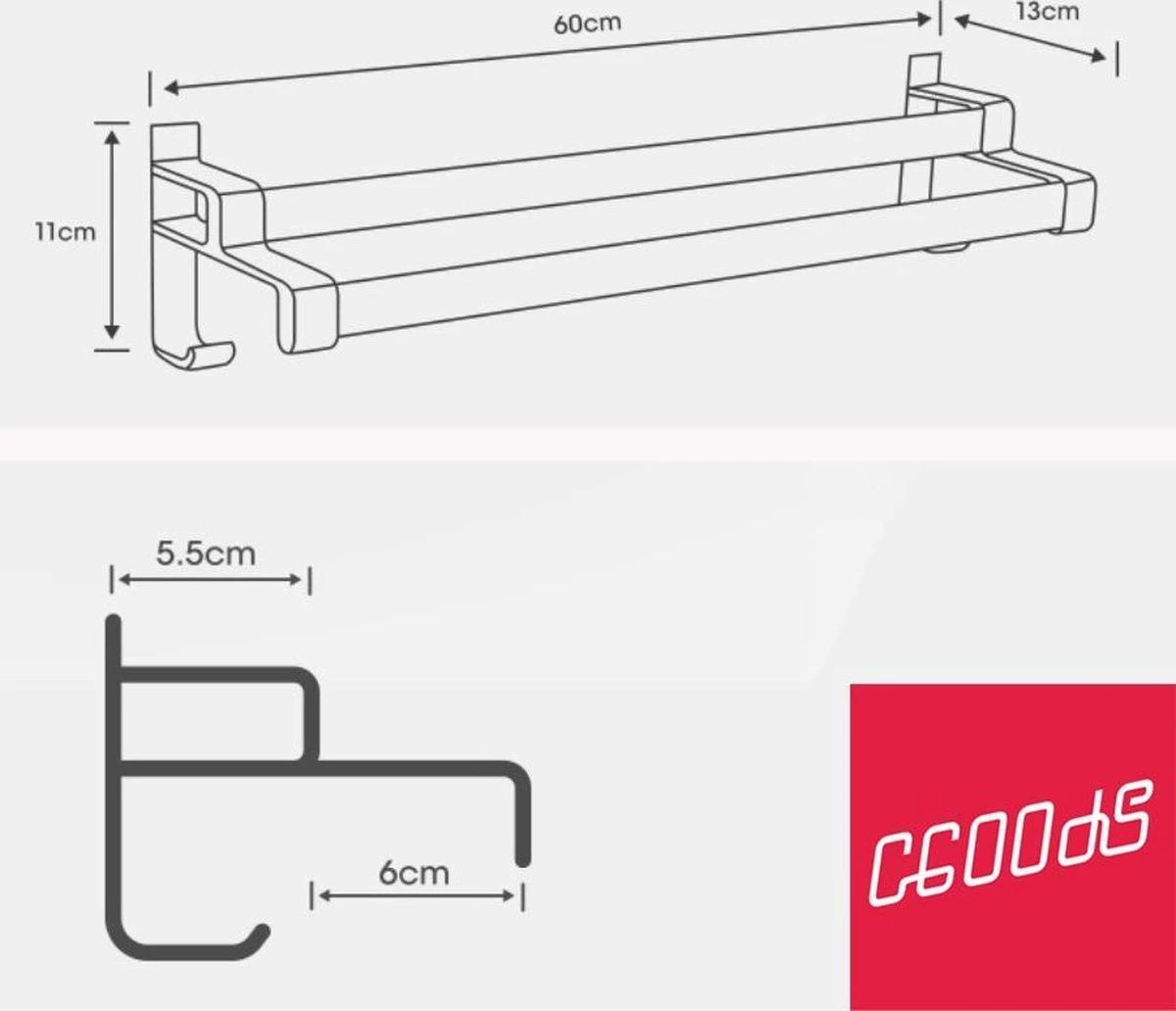 Merkloos Cgoods Handdoekrek Dubbele Stang Zonder Boren - Handdoekrek Badkamer - Handdoekhouder - Handdoekstang - 60CM 5 Merkloos Cgoods Handdoekrek Dubbele Stang Zonder Boren - Handdoekrek Badkamer - Handdoekhouder - Handdoekstang - 60CM - Afbeelding 3