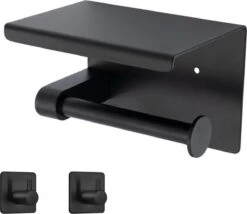 Toiletrolhouder Met Plankje - Zelfklevend Of Boren - WC Rolhouder - Incl. Handdoekhaakjes - Zwart -Badkamer Wijs 1200x1041 1