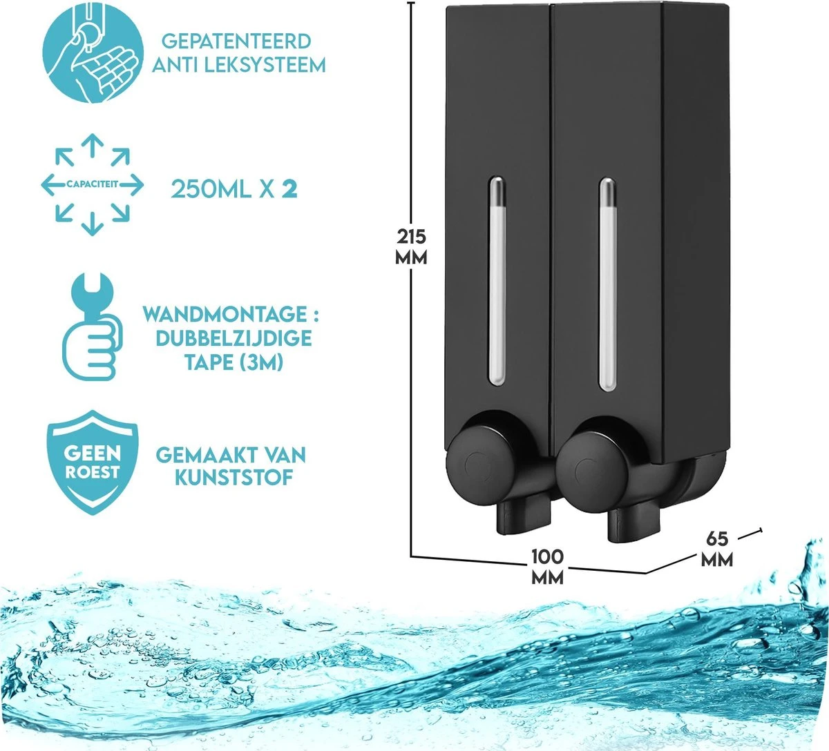 Aquathof, Zeepdispenser, Mat Zwart, 2 Kamer, 2 Reservoirs, 2x250ml - Hangend - Wandmontage 4 Aquathof, Zeepdispenser, Mat Zwart, 2 Kamer, 2 Reservoirs, 2x250ml - Hangend - Wandmontage - Afbeelding 2