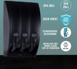 Aquathof, Zeepdispenser, Mat Zwart, 3 Kamer, 3 Reservoirs, 3x350ml, Hangend, Wandmontage -Badkamer Wijs 1200x1089 2