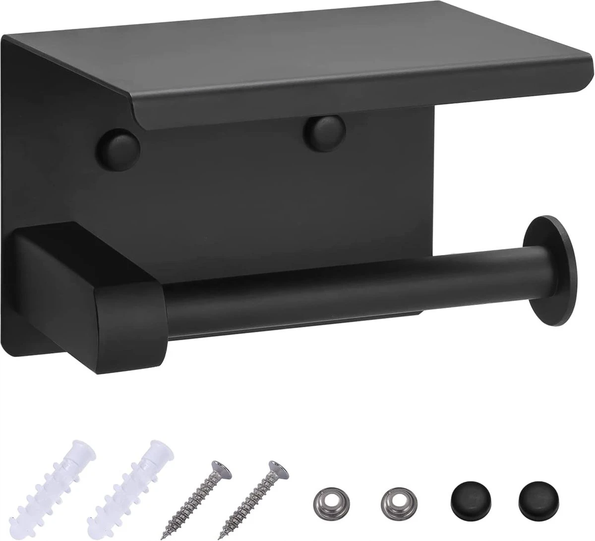 Toiletrolhouder - Wc Rol Houder Met Plankje - Inclusief Haakje - RVS - Waterbestendig - Zwart - Rheme 13 Toiletrolhouder - Wc Rol Houder Met Plankje - Inclusief Haakje - RVS - Waterbestendig - Zwart - Rheme - Afbeelding 11