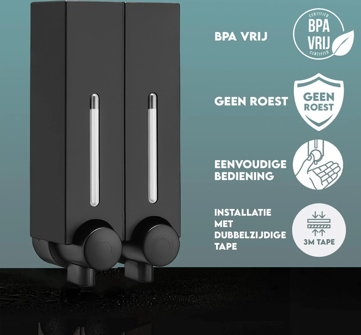 Aquathof, Zeepdispenser, Mat Zwart, 2 Kamer, 2 Reservoirs, 2x250ml - Hangend - Wandmontage 6 Aquathof, Zeepdispenser, Mat Zwart, 2 Kamer, 2 Reservoirs, 2x250ml - Hangend - Wandmontage - Afbeelding 4