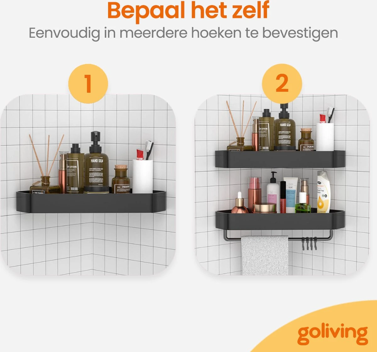 Goliving Doucherek 2 Laags - Doucherek Zonder Boren - Doucherekje Hoek - Douchemandje - Badkamerrek - Badkamer Accessoires - Zwart 7 Goliving Doucherek 2 Laags - Doucherek Zonder Boren - Doucherekje Hoek - Douchemandje - Badkamerrek - Badkamer Accessoires - Zwart - Afbeelding 5