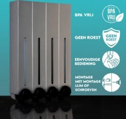 Aquathof, Zeepdispenser, RVS Kleur, 4 Kamer, 4 Reservoirs, 4x500ml, Hangend - Wandmontage -Badkamer Wijs 1200x1133 6