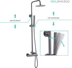 LOMAZOO Regendouche Met Thermostaatkraan - Douche Badkamer - Gun Metal / Antraciet [LYNN] -Badkamer Wijs 1200x1136 11