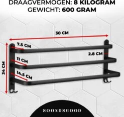 Merkloos Soondsgood Luxe 3 Laags Handdoekrek - Zelfklevend Of Boren - Zwart - Eenvoudige Installatie - Badkamer - Handdoekenrek - Handdoekhouder - 30x14x25cm -Badkamer Wijs 1200x1139 5