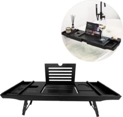 IMoshion Badplank Voor In Bad - Dienblad Inclusief Pootjes - Tablet Houder - Badrek Uitschuifbaar 75 Tot 110 Cm - Zwart
