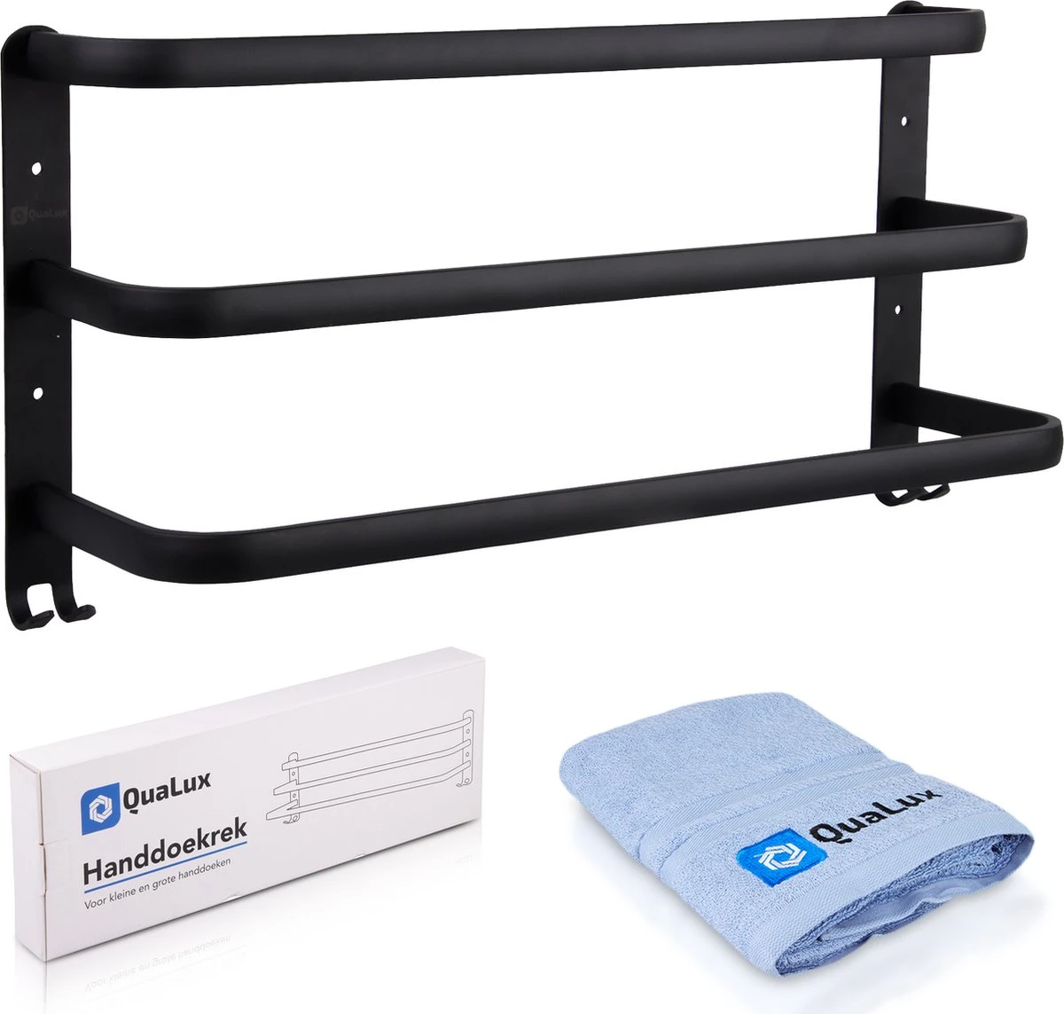 Qualux® Handdoekrek Inclusief Handdoek - 3 Stangen - Badkamer - Handdoekrek Zwart - Handdoekstang - Handdoekhouder - Handdoekenrek 6 Qualux® Handdoekrek Inclusief Handdoek - 3 Stangen - Badkamer - Handdoekrek Zwart - Handdoekstang - Handdoekhouder - Handdoekenrek - Afbeelding 4