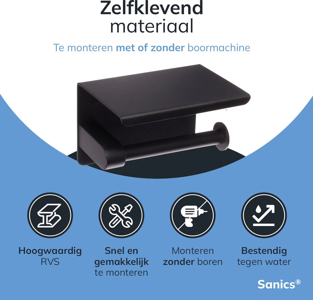 Sanics WC Rolhouder Zwart – Toiletrolhouder Zonder Boren – Met Plankje - Zelfklevend - RVS 6 Sanics WC Rolhouder Zwart – Toiletrolhouder Zonder Boren – Met Plankje - Zelfklevend - RVS - Afbeelding 4