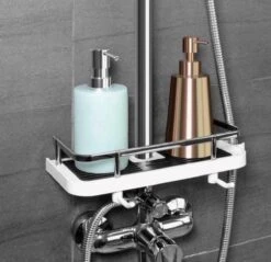 Merkloos Doucherek Zonder Boren –Douchemand- Badkamerrek-Doucheplank- Badkamer Organiser- Doucherek Hangend-Doucherek Zwart – Doucherek Hangend – Badkamer Organizer – Douche Organizer - Doucherekje - Doucherekje Zonder Boren-Zilver-Zwart-Wit -Badkamer Wijs 1200x1163 1