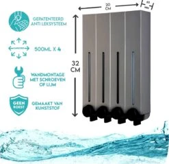 Aquathof, Zeepdispenser, RVS Kleur, 4 Kamer, 4 Reservoirs, 4x500ml, Hangend - Wandmontage -Badkamer Wijs 1200x1163 9