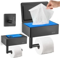 Happy Goods - WC Rolhouder Zonder Boren Zwart - Toiletrolhouder Met Plankje En Bakje RVS - Met Handdoekhaakje