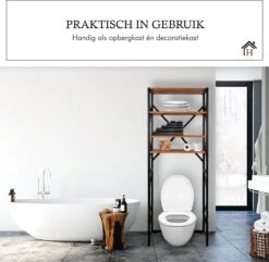 Homestic© - Ruimtebesparende Toiletmeubel - WC Plank, Badkamerplank Met 4 Open Vakken - Industrieel RVS Badkamermeubel - Zwart Staal / Hout - 170x54x24 CM -Badkamer Wijs 1200x1172 16
